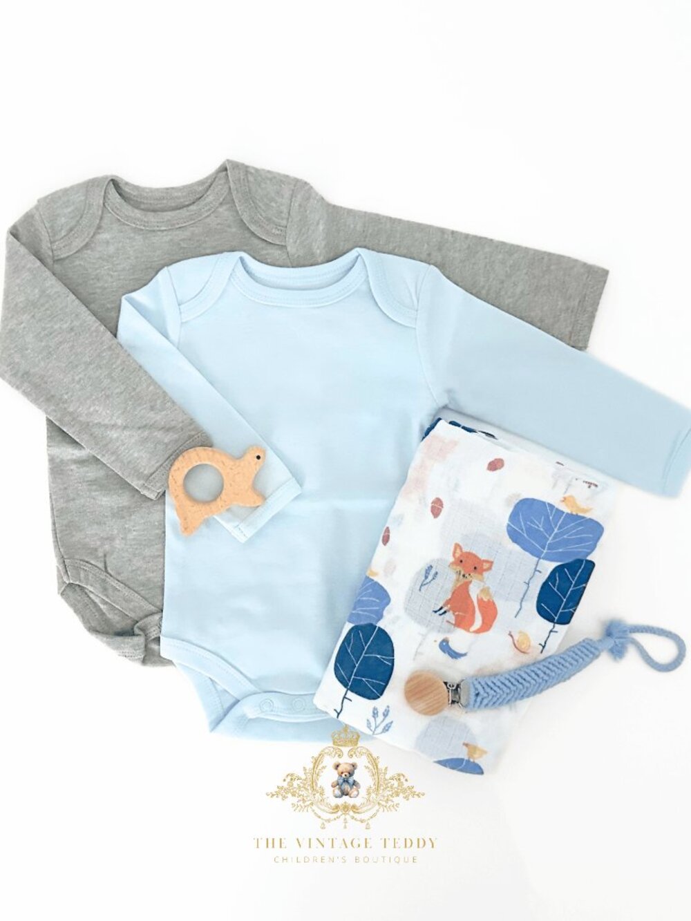 NWT Cute Baby Boys Gift Set Baby Onesies Swaddling Blanket Toy Pacifier Holder